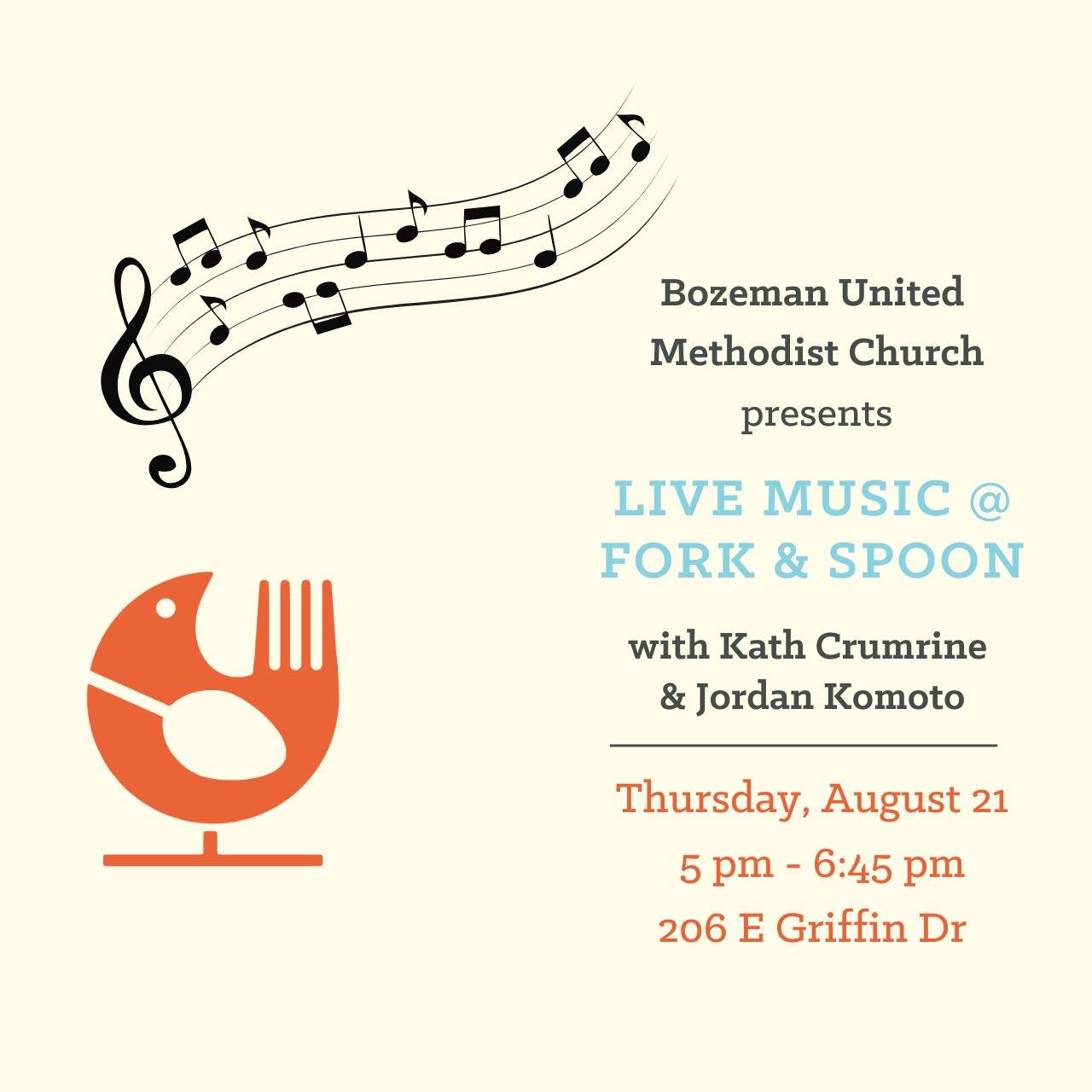 Dinner &amp; live music at Fork &amp; Spoon!
@kathcrumrine &amp; @jordankomoto singing all your favorites!

 #forkandspoonbozeman #bozemanunitedmethodistchurch #bozemanrestaurant #goodfooddoesgood