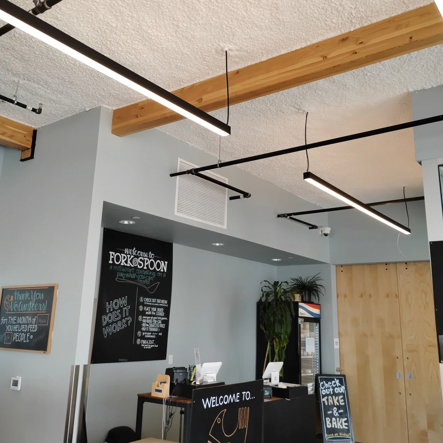 Next time you visit Fork &amp; Spoon , you will notice a significant improvement in the acoustics thanks to our new insulated ceiling.

Our volunteer superheroes helped move the furniture back into the dining room and gave all the chairs a thorough c