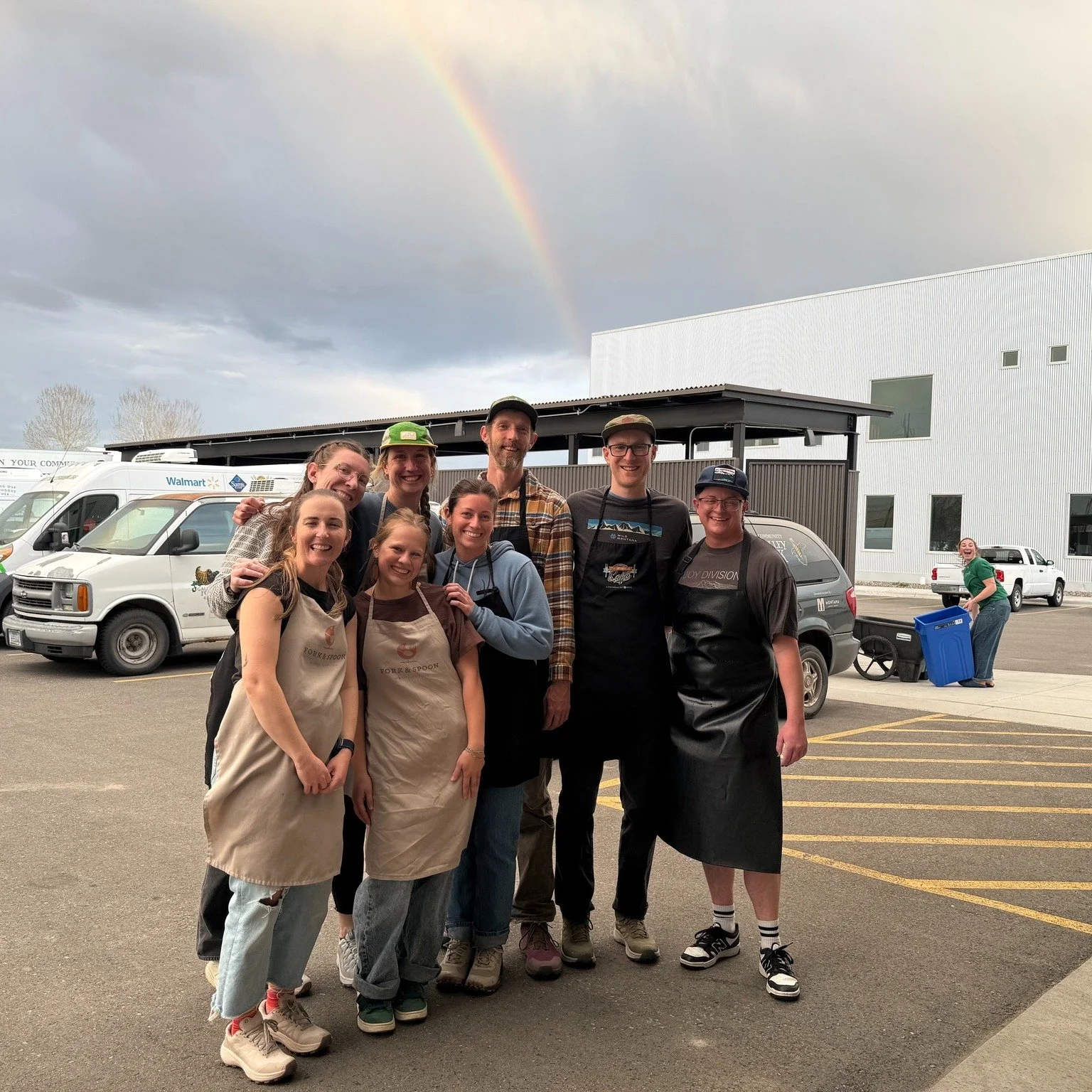 The crew from Oboz Footwear dished up food at Fork &amp; Spoon last week. They are superhero volunteers!
Don't miss our own Isabel Abeyta hanging out in the background. And the rainbow is nice too 😍

 #forkandspoonbozeman #volunteersmakeadifference 