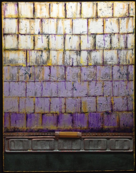 Empty Garden, Encaustic, Salvaged Car Part, Vintage Ruler, Vintage Hinge, Silver Leaf, Oil Pastel, Burlap, Resin, 60 1/2 x 47 1/2 Inches (Framed) $7500.