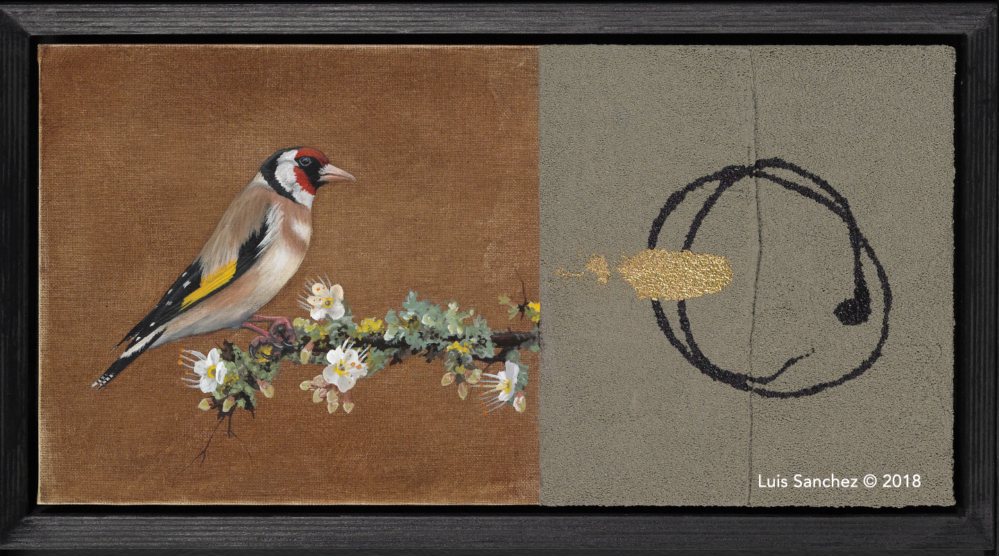 Out on a Limb , Acrylic, coarse pumice, molding paste on canvas board, floated in shadowbox frame 22x12 inches, $1200