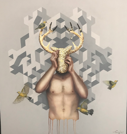 Beware The Distraction of Pretty Silly Things, Acrylic on canvas wrapped wood panel, 50” x 53” x 3” $14,000