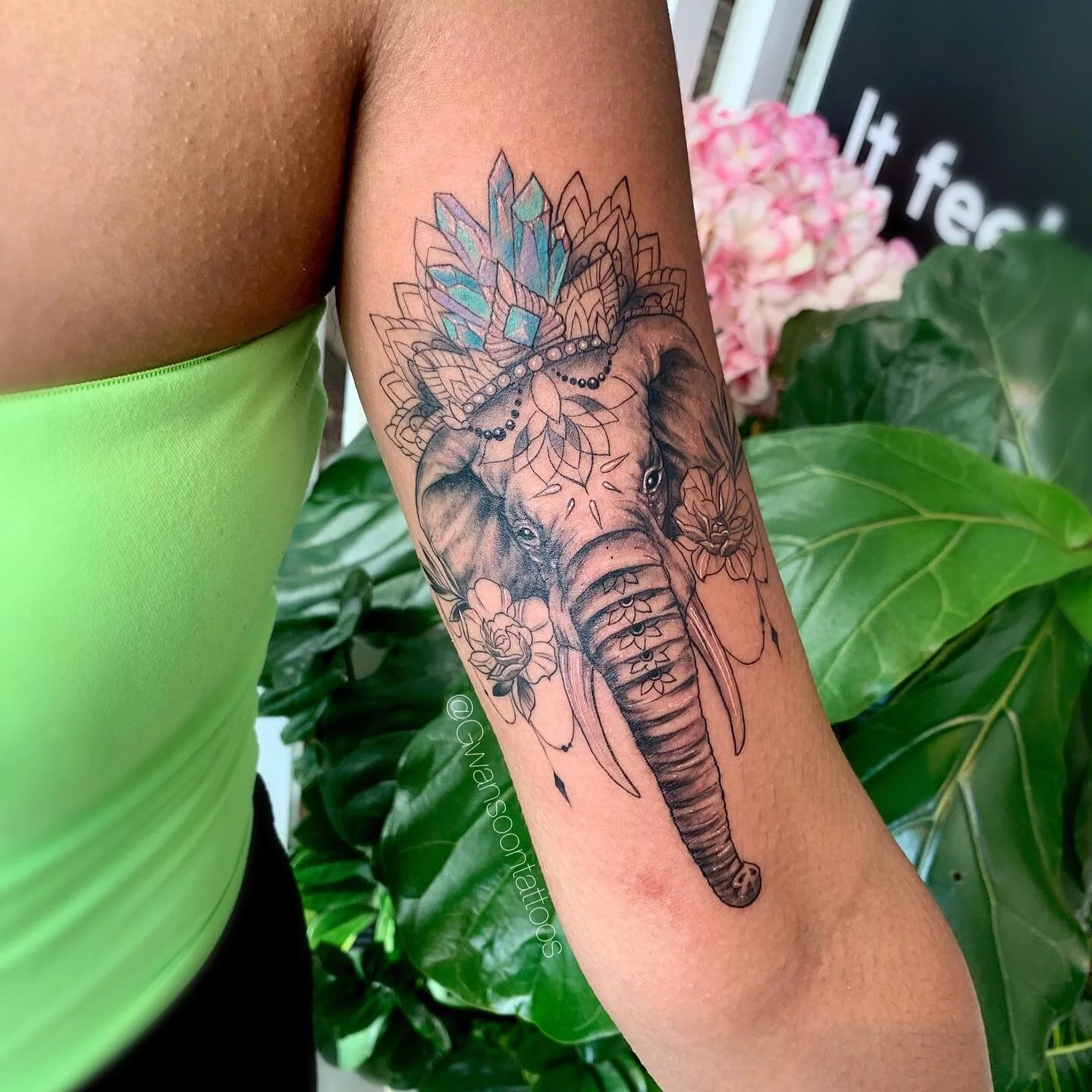 Custom crystal crowned elephant tattoo on inner arm 🐘 &mdash;&mdash;&mdash;&mdash;&mdash;&mdash;&mdash;&mdash;&mdash;&mdash;&mdash;&mdash;&mdash;&mdash;&mdash;&mdash;&mdash;&mdash;
Follow us @gwansoontattoos ✍🏼
&mdash;&mdash;&mdash;&mdash;&mdash;&mdash;&mdash;&mdash;&mdash;&mdash;&mdash;&mdash;&mdash;&mdash;&mdash;&mdash;&mdash;&mdash;
☎️ 1-416-909-9055
📩 info@gwansoonleetattoo.com
🖥 www.gwansoonleetattoo.com
&mdash;&mdash;&mdash;&mdash;&mdash;&mdash;&mdash;&mdash;&mdash;&mdash;&mdash;&mdash;&mdash;&mdash;&mdash;&mdash;&mdash;&mdash;
.
.
.
.
.
#gwansoontattoos#tattooofinstagram#blackandgrey#tattooaddict#tattooartwork#tattoooftheday#tattoolife#tattoomodel#tattoostyle#skinart#tattooideas#tattooart#tattooworld#tattoolove#tattooinspiration#torontoart#torontoartist#mississauga#toronto#brampton#torontotattoo#mississaugatattoo#tatuaje#tattooidea#femaleartist#elephanttattoo#elephant#crystaltattoo#mandalatattoo#floraldesign