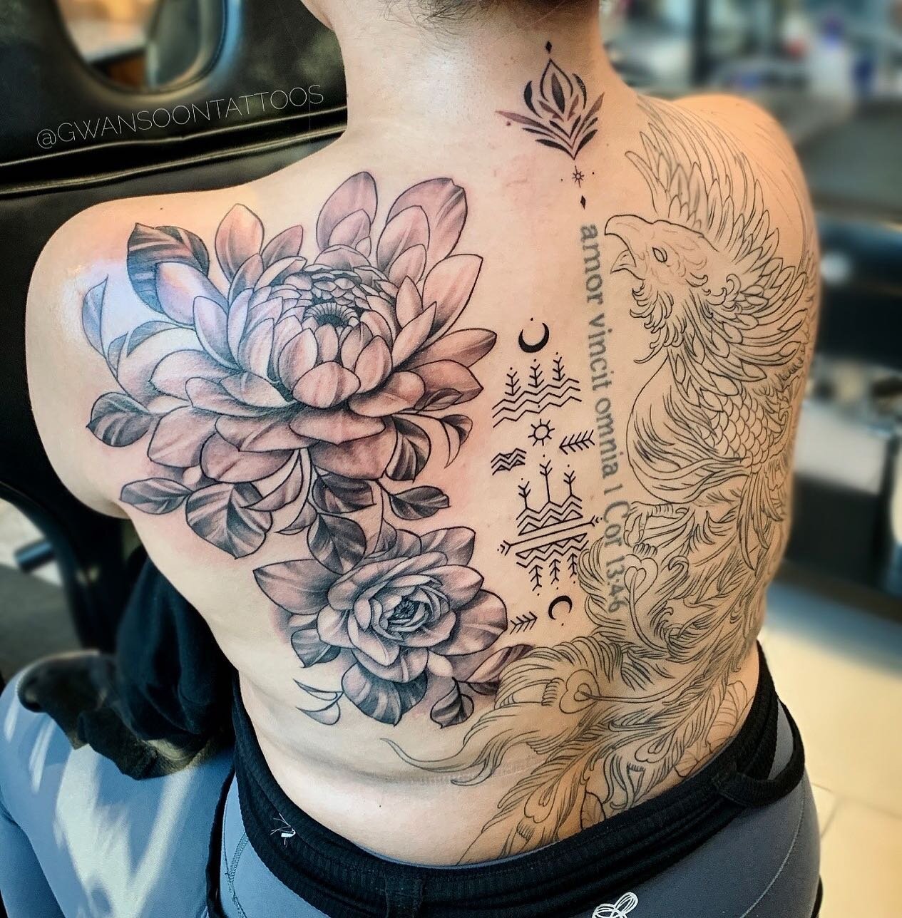 Custom Peonies &amp; Phoenix full pack piece  _________________________________________________ 

Follow us @gwansoontattoos ✍🏼

Artist - @jina.gwansoontattoos
_________________________________________________

☎️ 1-416-909-9055
📩 info@gwansoonleet