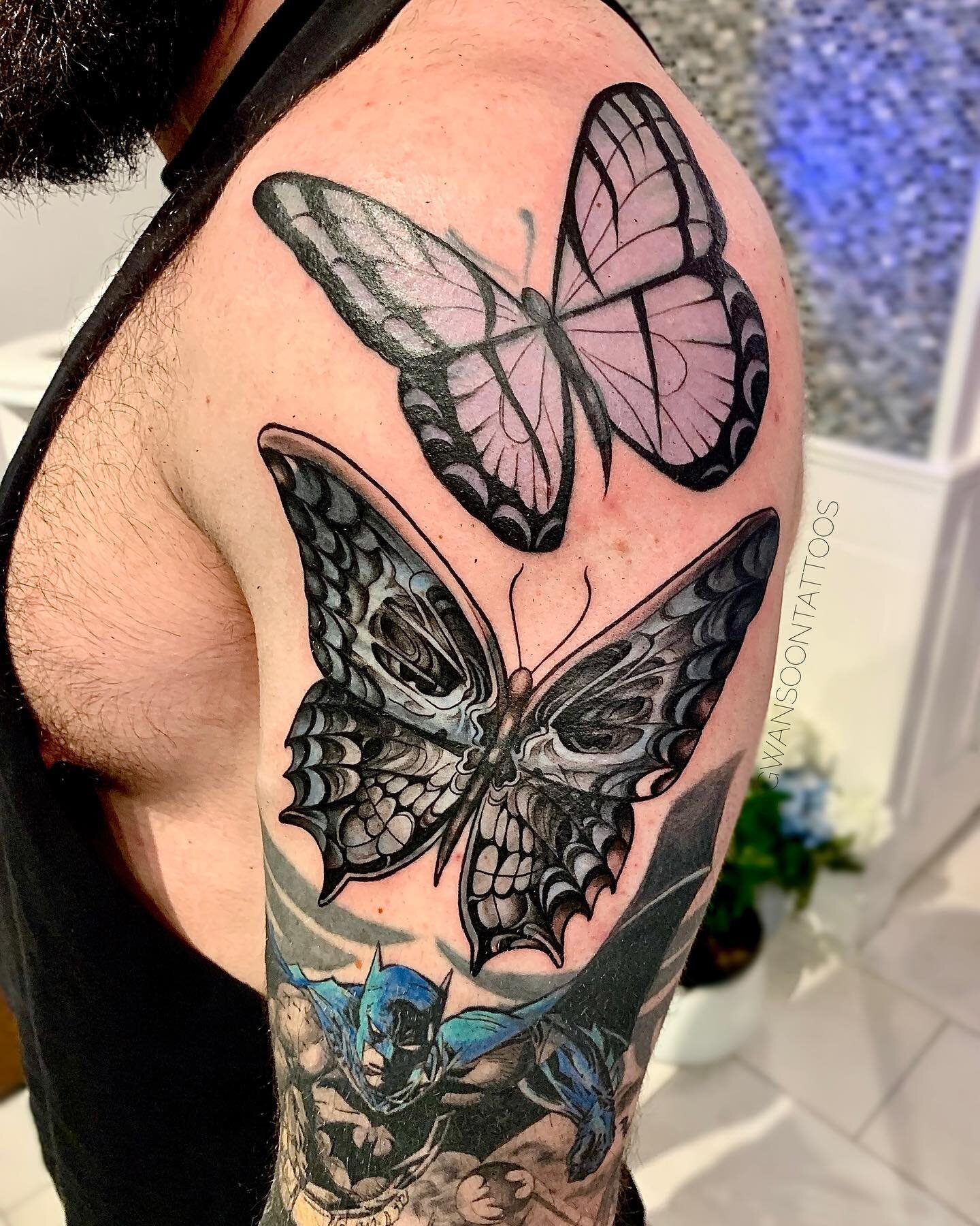 Butterfly tattoo rework &amp; Marvel full sleeve in progress for Brandon. (The previous butterflies were not done at our shop). _________________________________________________ 

Follow us @gwansoontattoos ✍🏼

Artist - @jina.gwansoontattoos
_______