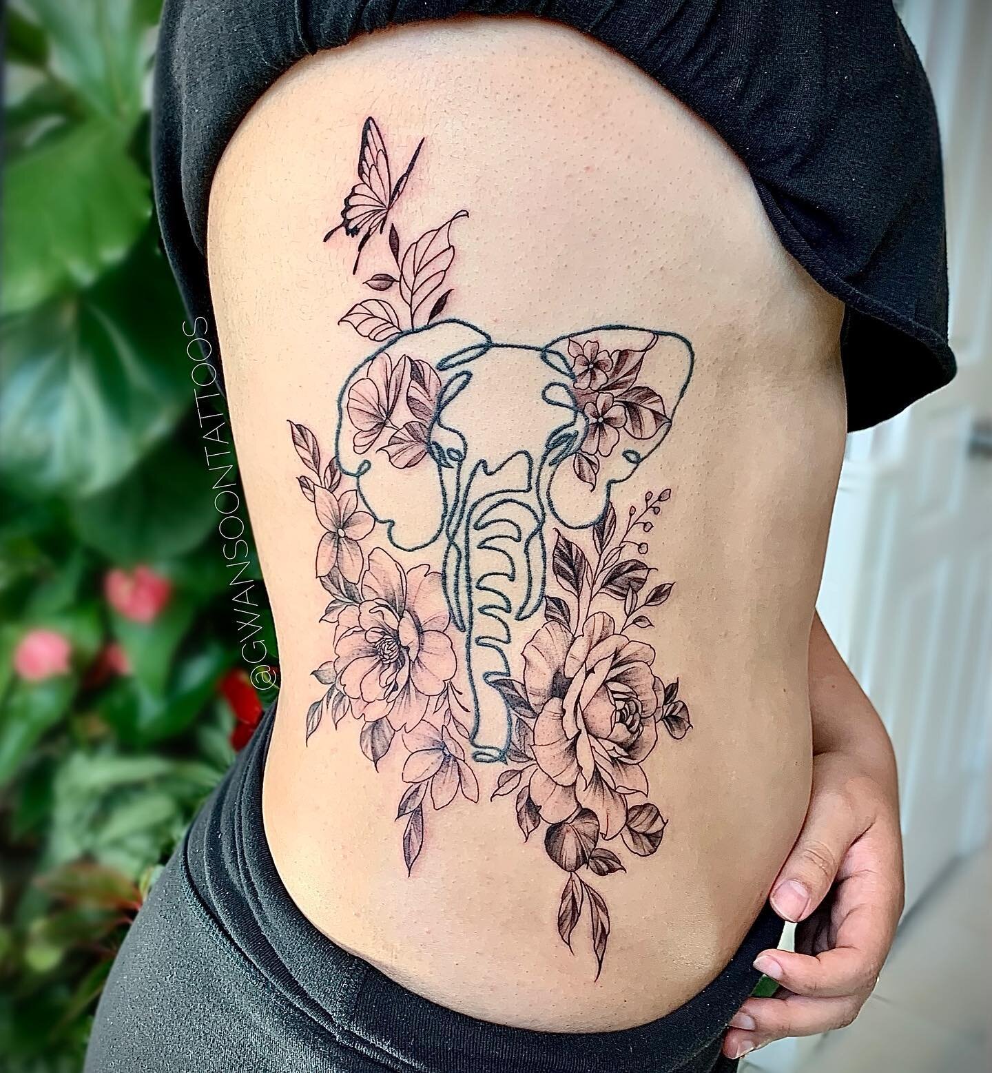 Added some florals &amp; butterfly to revamp an existing elephant tattoo for Riya 🌸Elephant was not done by me. _________________________________________________ 

Follow us @gwansoontattoos ✍🏼

Artist - @jina.gwansoontattoos
______________________