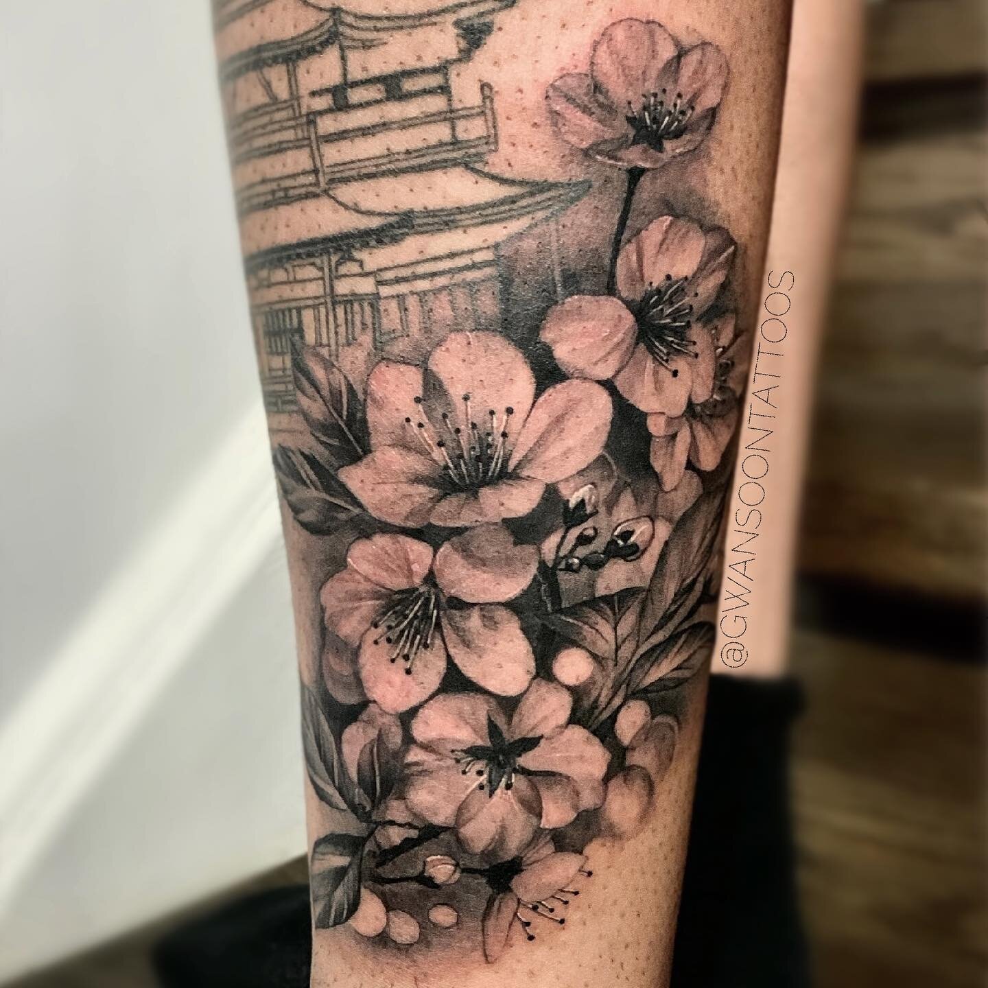 Added some Cherry blossom flowers to this Japanese temple scenic leg sleeve in progress 🌸 _________________________________________________ 

Follow us @gwansoontattoos ✍🏼
_________________________________________________

☎️ 1-416-909-9055
📩 info