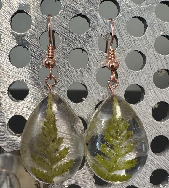 Teardrop resin fern earrings