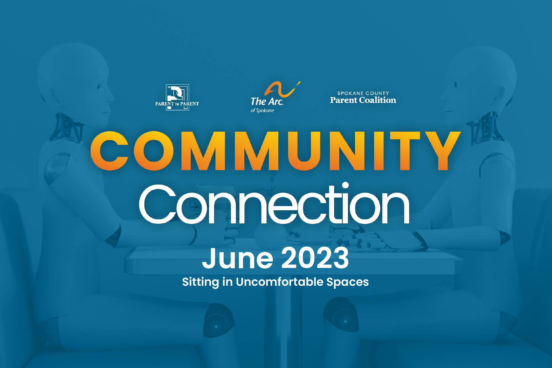 Community Connection graphic, December 2023: "Greetings From Our New CEO." Logos for Parent to Parent, The Arc of Spokane, and Spokane County Parent Coalition over a blue-tinted background photo of Pam Norr sitting by a desk with flowers.