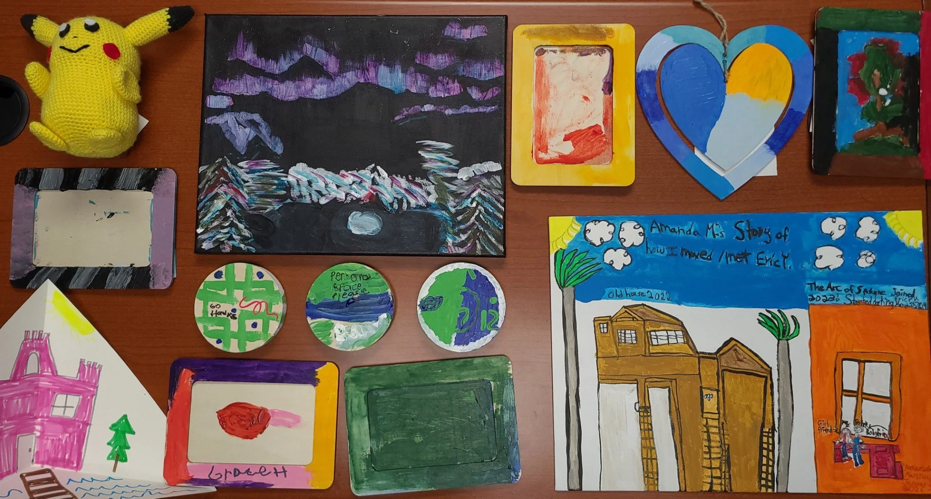 A selection of crafts and projects that will be displayed for Developmental Disability Awareness Minth.