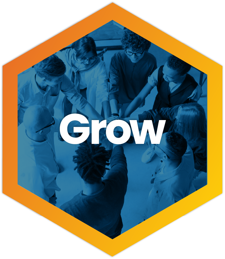 A hexagon with an orange and yellow gradient stroke has the word "Grow" in its center. The background of the hexagon is a blue duotone image of young adults putting their hands together to show teamwork