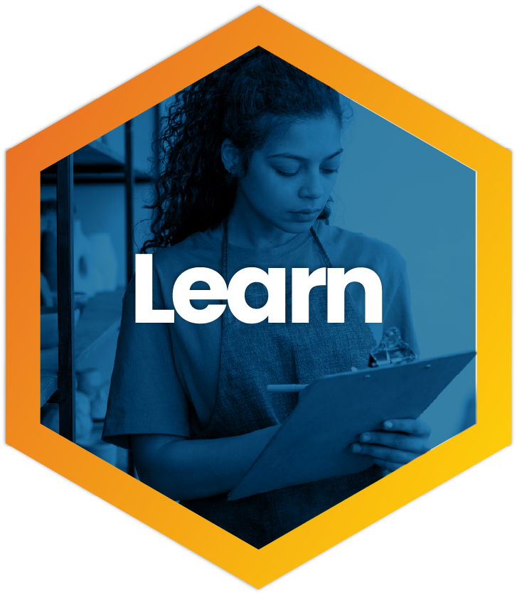 A hexagon with an orange and yellow gradient stroke has the word "Learn" in its center. The background of the hexagon is a blue duotone image of a young person taking inventory at an internship.