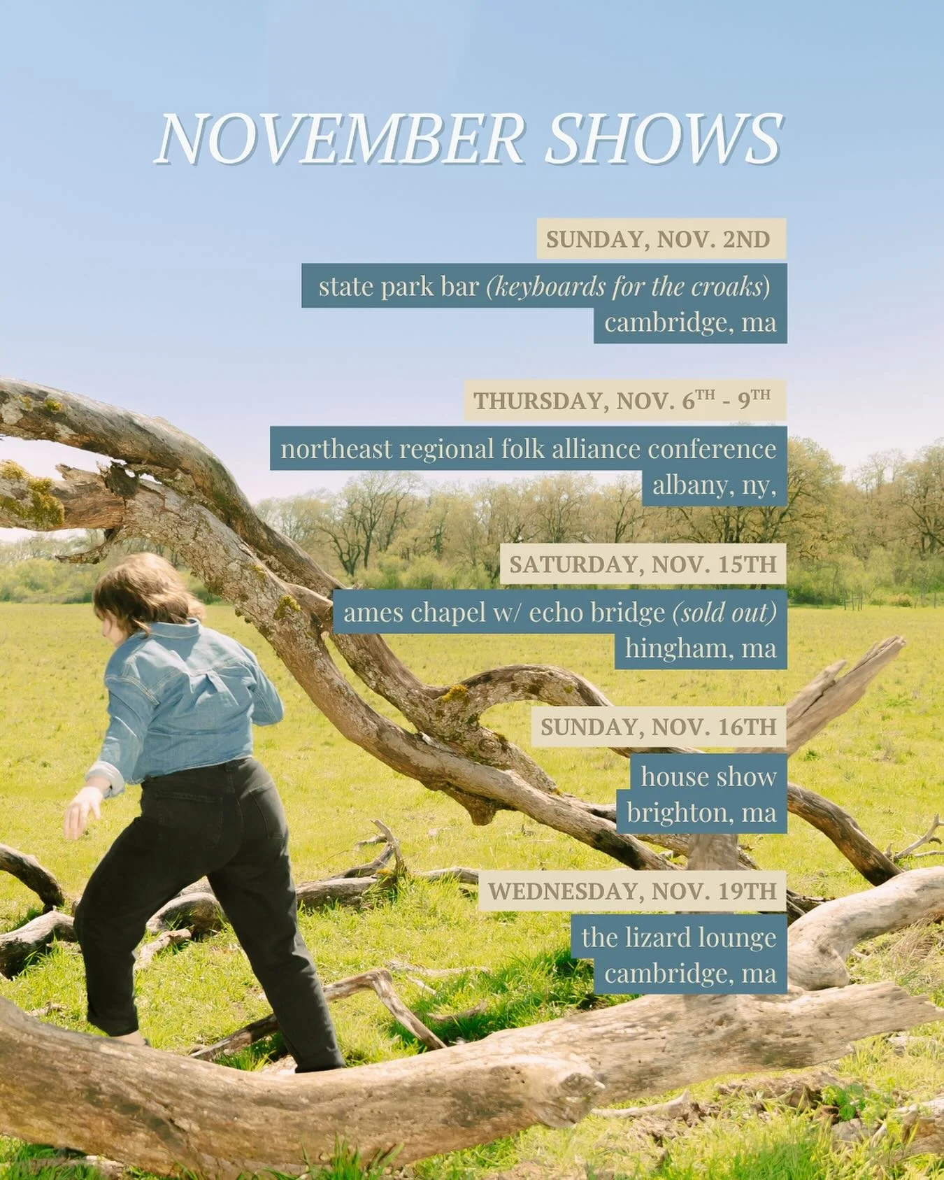 Upcoming shows this month! 

11/2 - @stateparkbar , Cambridge, MA playing keys for @thecroaks on their KATE BUSH COVER SET !! 

11/6-9 - Albany, NY at the @nerfalliance conference. More details on showcases coming 🔜

11/15 - @ameschapel , heading to