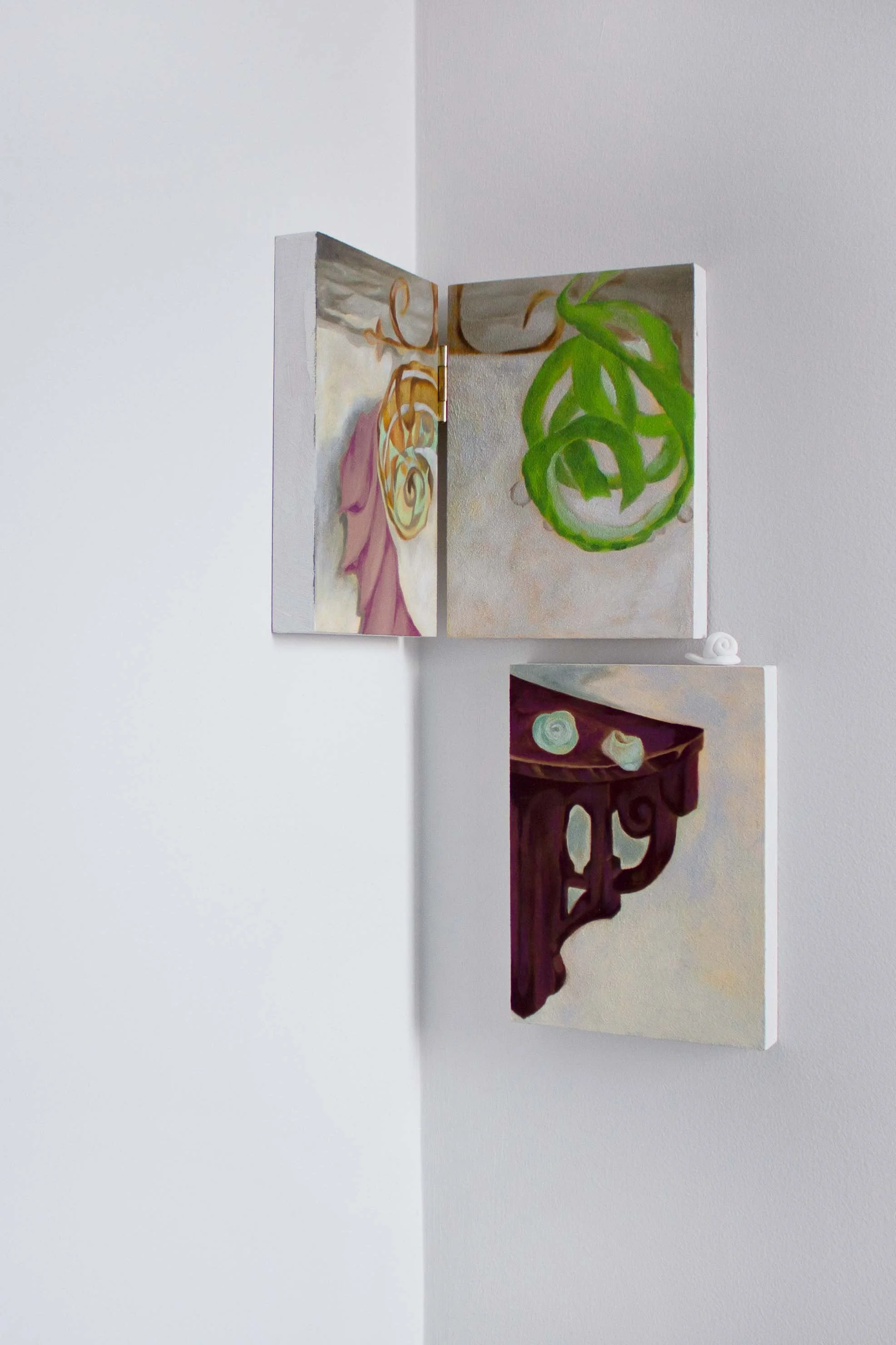   Peeling Inward   2025, Oil, Sand medium, and Clay pieces on Panel  Three 7×5 inch panels 