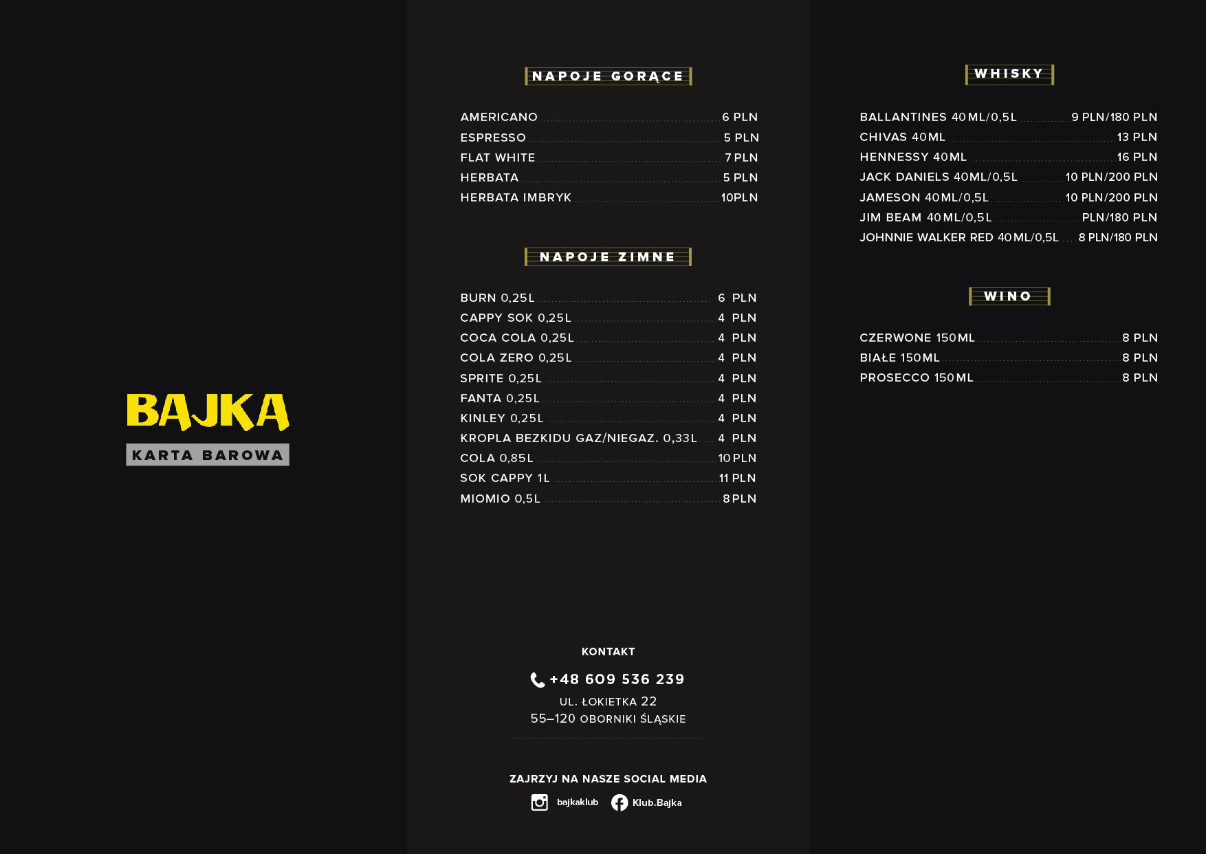Bajka's bar menu