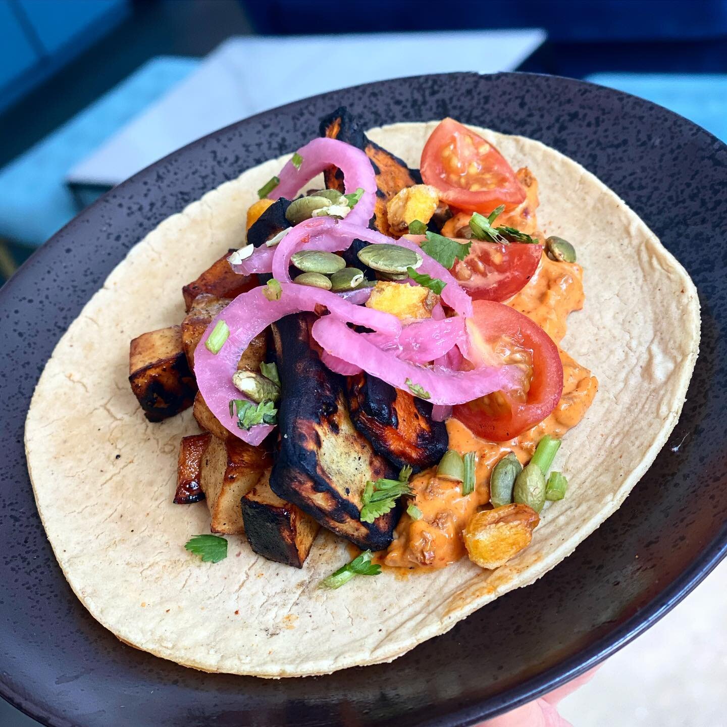 Fire Roasted Carrot Taco🥕❤️ 

This delicious blend of light, fresh &amp; vegan friendly ingredients is sure to have you asking for more! 

#tacotuesday 
Fire roasted carrot
Amarillo mole vin. sweet potato 
Vegan chorizo aioli 
Fresh tomato 
Pickled 