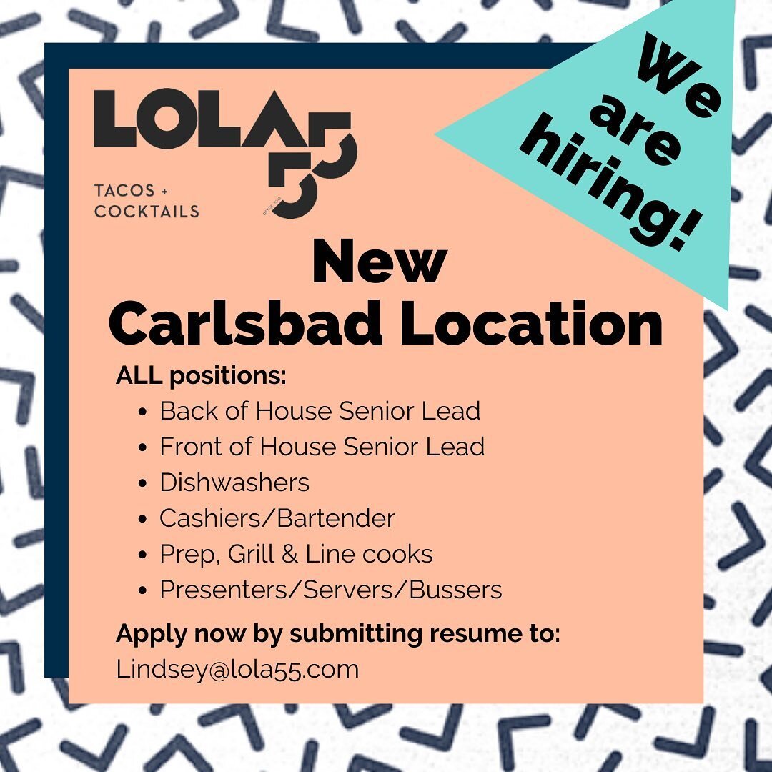 We are opening our much anticipated 2nd location @beaconlacosta in June! 

We are looking for a team of positive, energetic and #tacosarelife individuals who want to grow with the company! @lola55_sandiego is quickly expanding. We will provide the tr