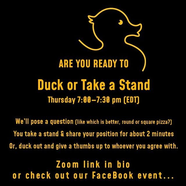 Duck or Take a Stand. 
Spread Kindness, Not Covid. 
Meet us virtually this Thursday. 
Zoom link in bio - or check our Facebook event. . 
#positivemessages #spreadkindness #TGAD #igiveaduck #whogivesaduck #duckyou #kindness #neighbors #friends #commun