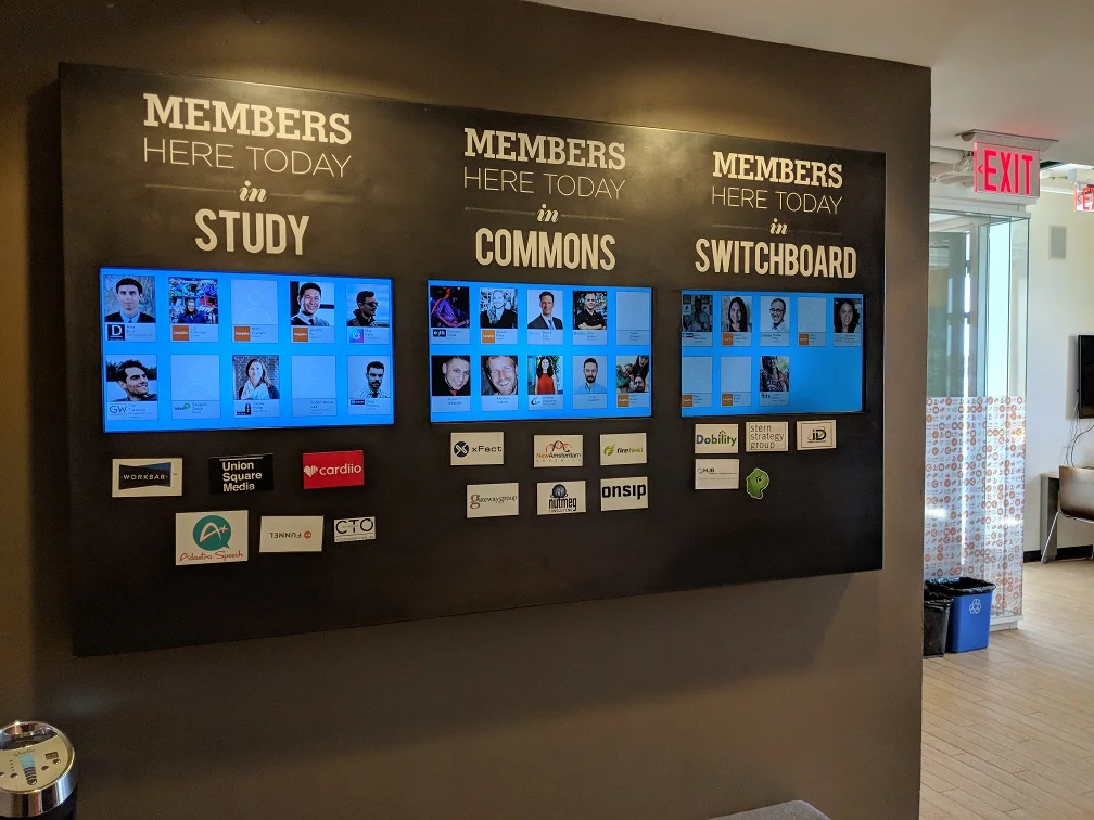 Displays showing which members are present builds familiarity within the coworking community.