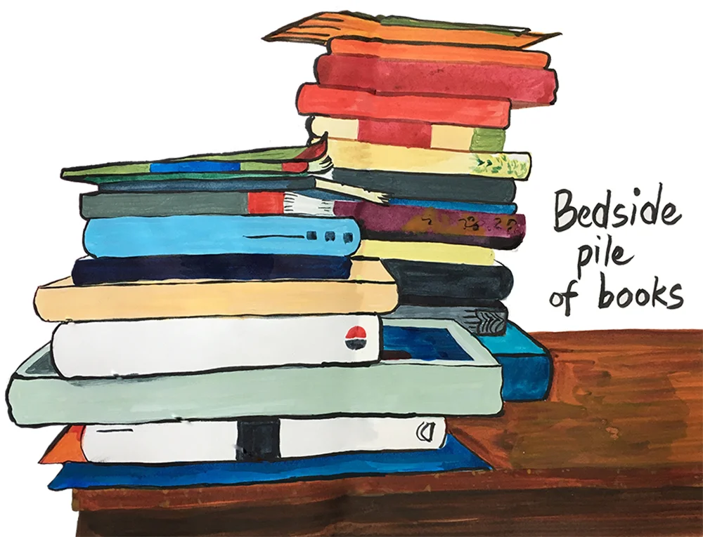 Illustration of Bedside pile of books in gouache