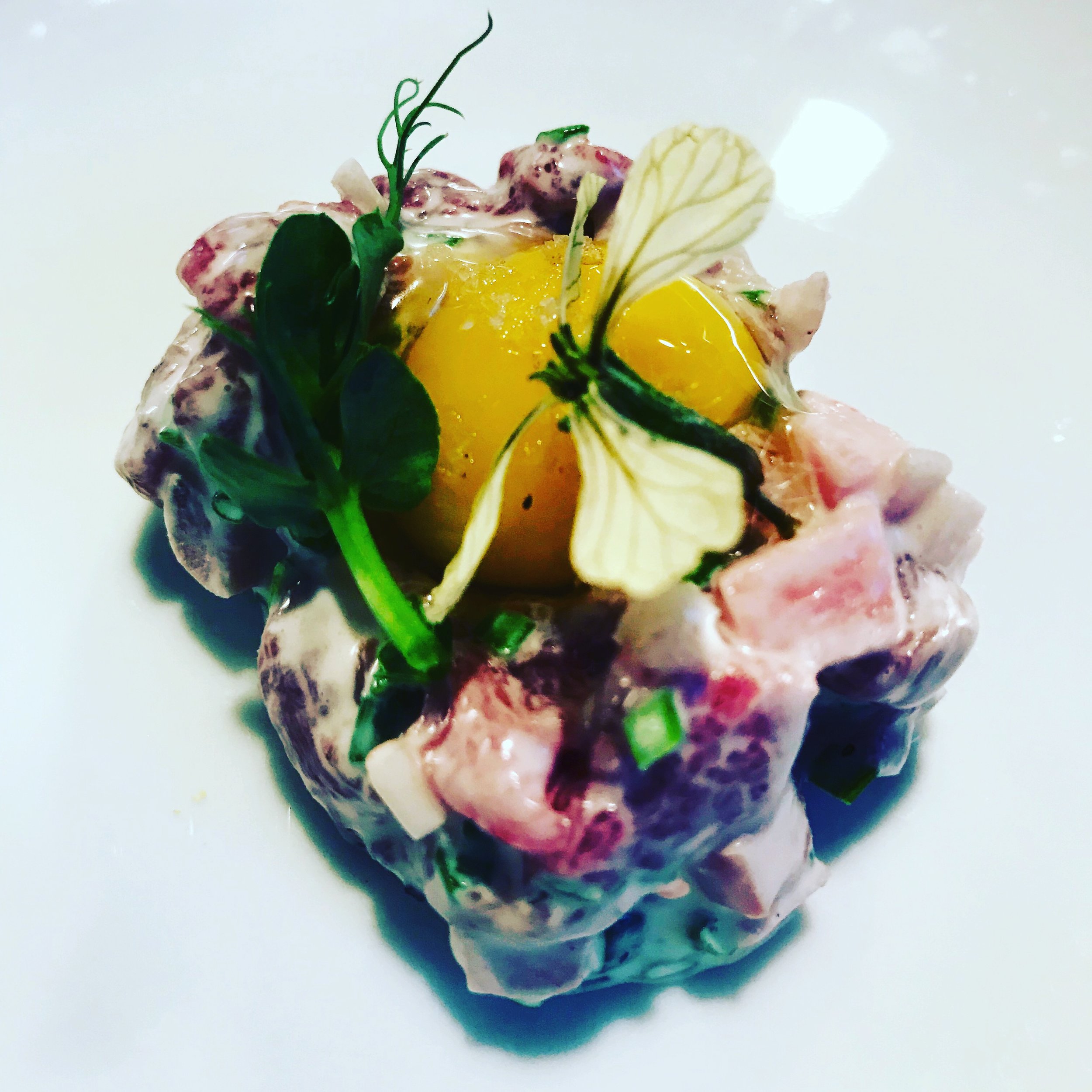 Lamb tartare, quail egg,  rhubarb