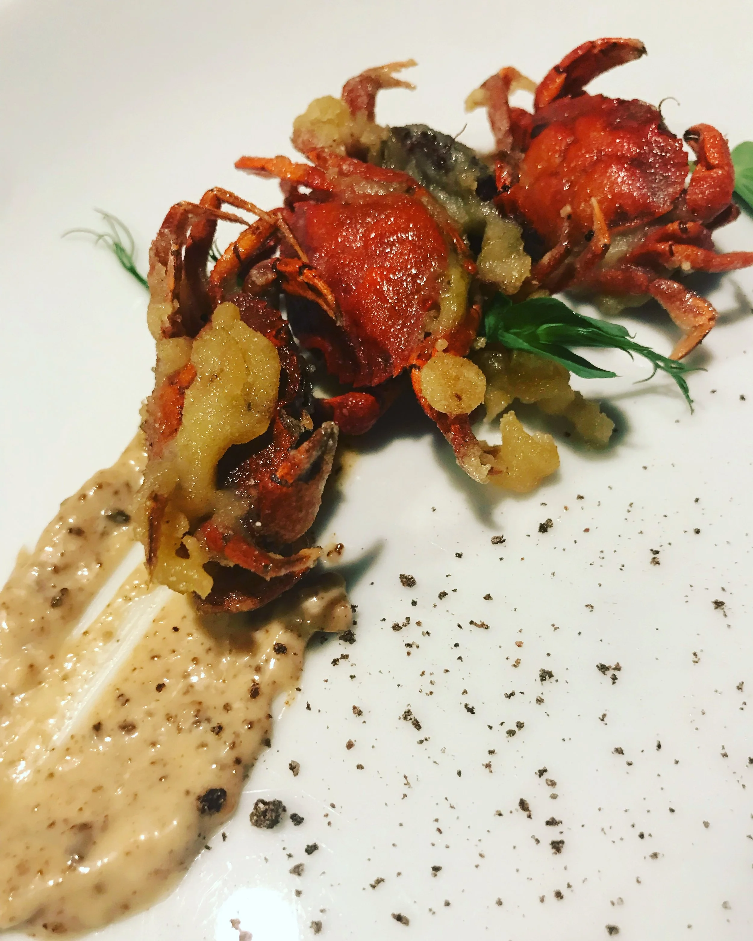 Green crab popcorn, green crab aioli