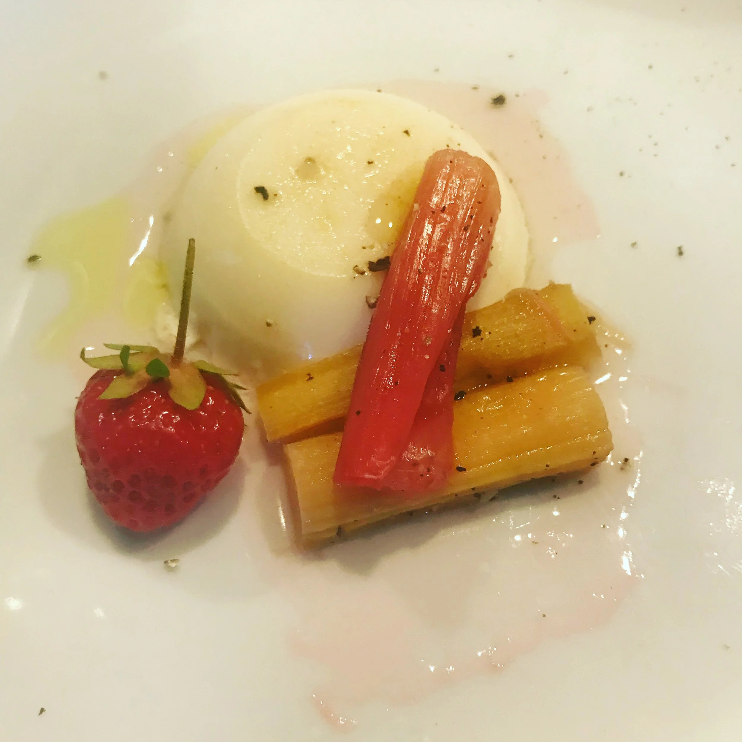 Panna cotta, roasted  rhubarb