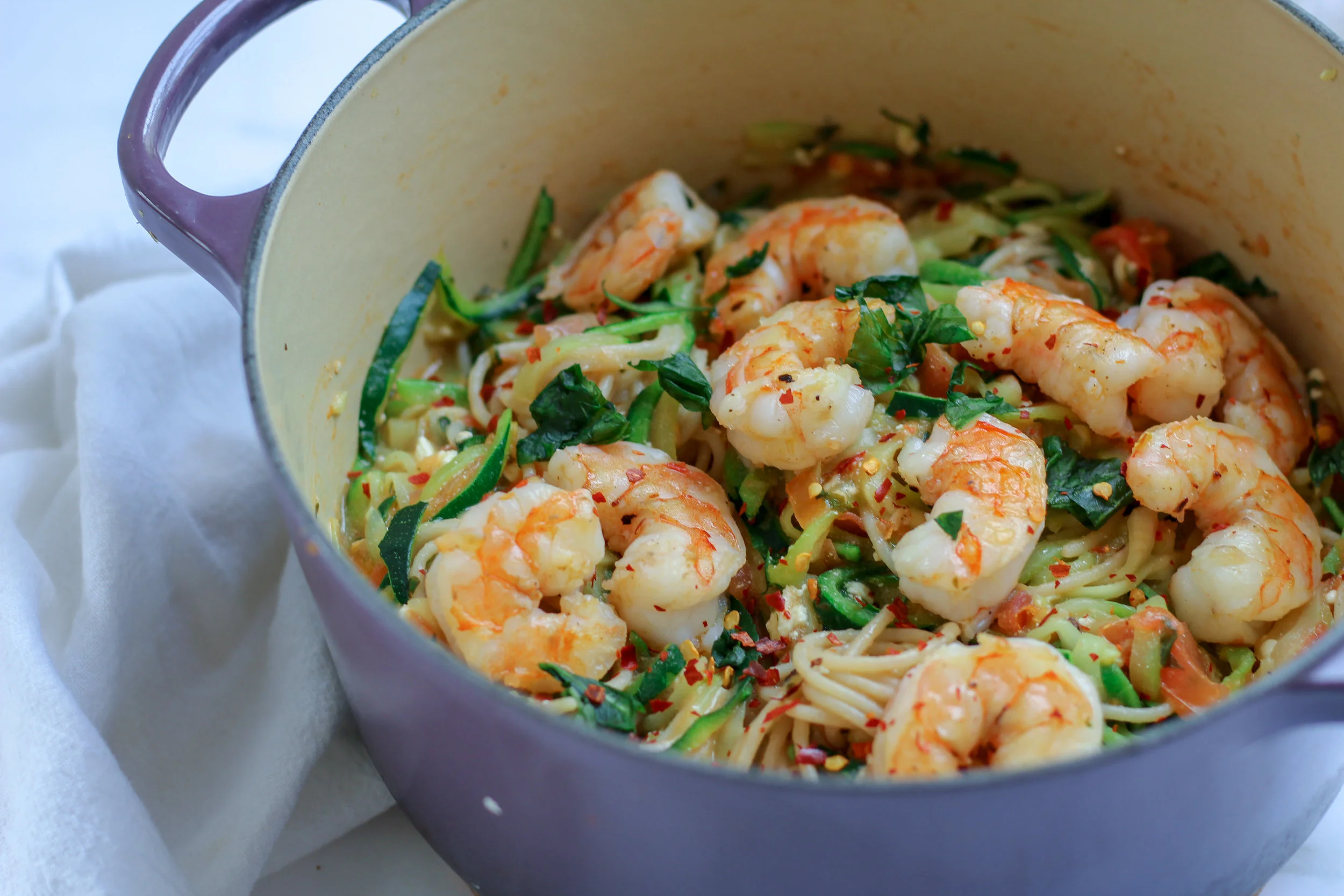 Creamy Tomato Feta Zoodles with Shrimp