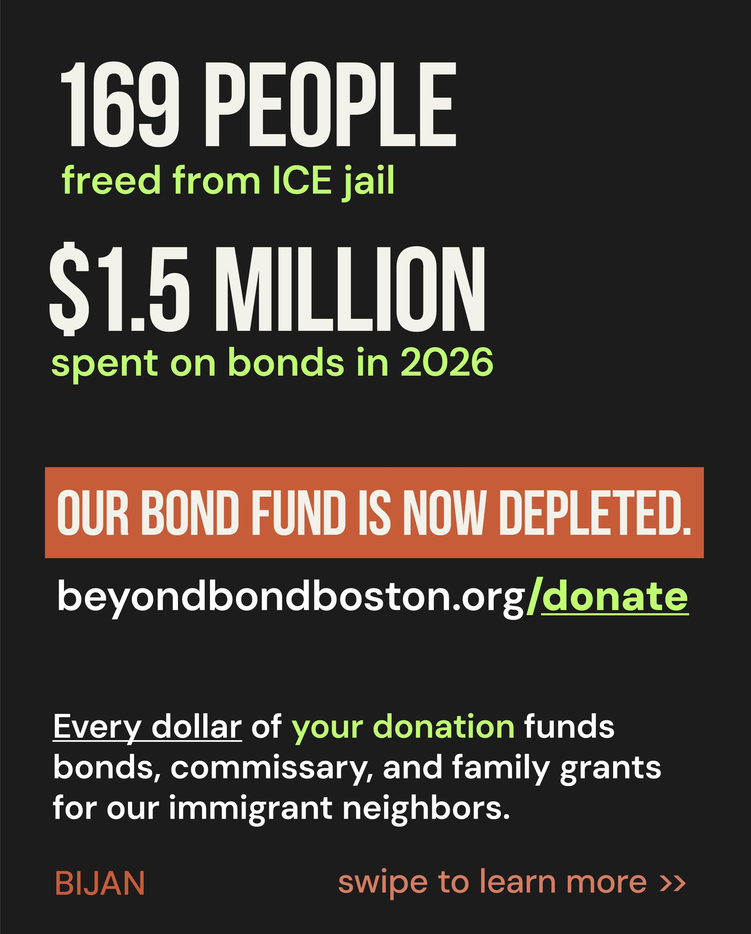 Our bond fund is depleted. Volunteers are being forced to turn people away.

Since January we have freed 169 people from ICE detention &mdash; $1.5 million in bonds paid in five months. Hundreds more are waiting.
We need your help now. Donate in any 