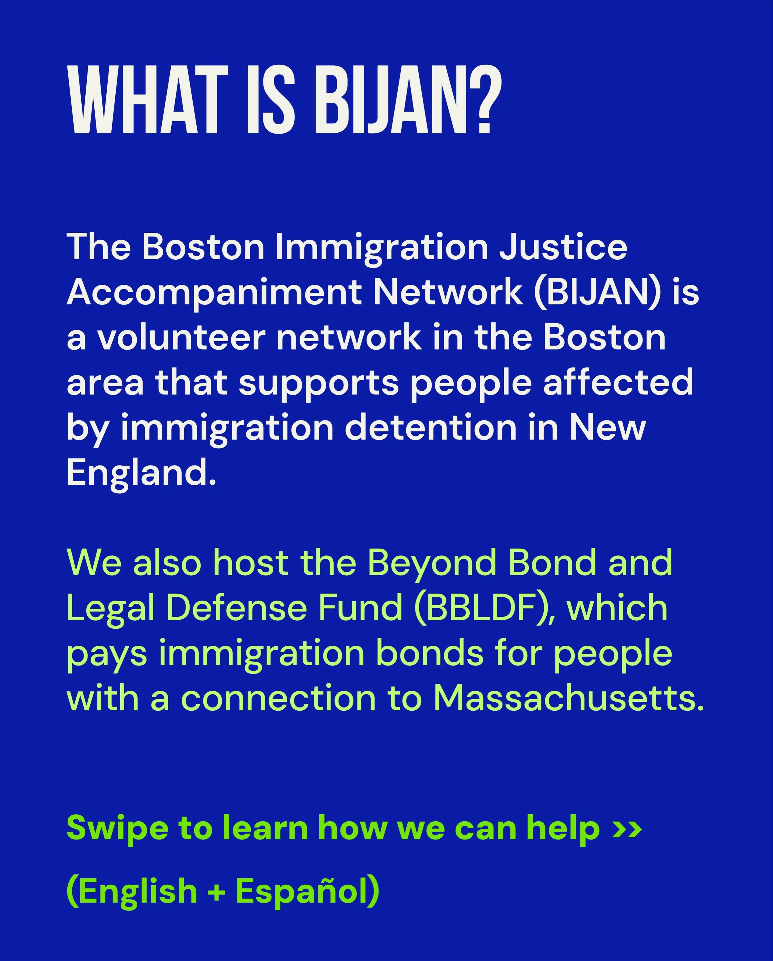 A quick refresher on who we are and how you can reach us! We offer support to both people in immigration detention and non-detained folks. To contact us in detention, please use our free hotline number. For all other requests, please use our regular 