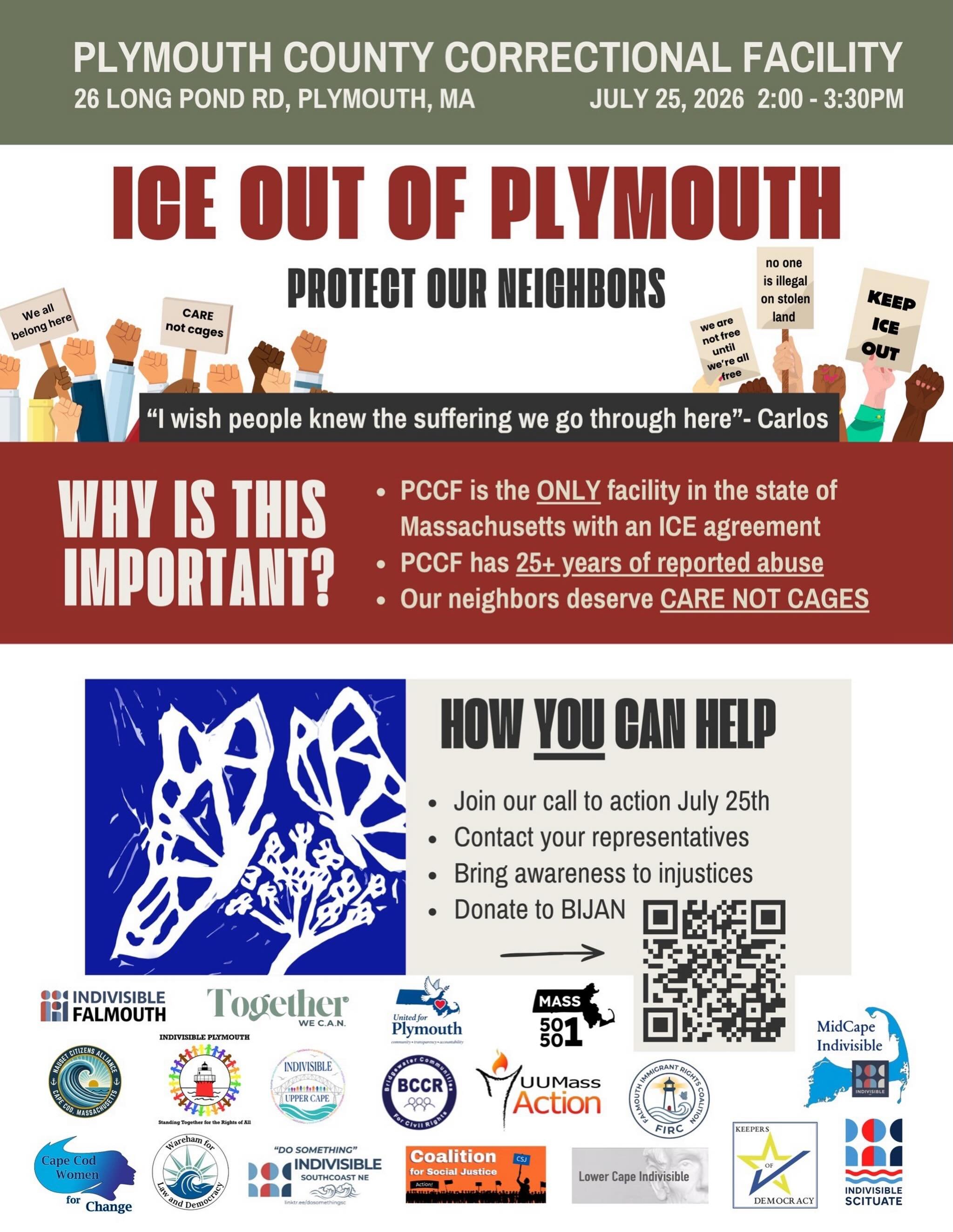 ACTION ALERT🚨 ICE OUT OF PLYMOUTH
 Join us next Saturday, July 25th from 2:00 to 3:30 PM, outside Plymouth County Correctional Facility, to demand justice for our immigrant neighbors! Abuse and deplorable conditions have been documented at PCCF for 