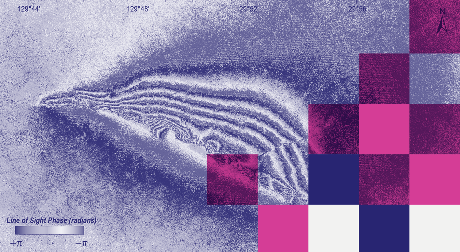 InSAR interferogram showing the spatial pattern of ground surface movement caused by the the 2016 Petermann Ranges earthquake. Image: Dr. Dan Clark , Geoscience Australia.