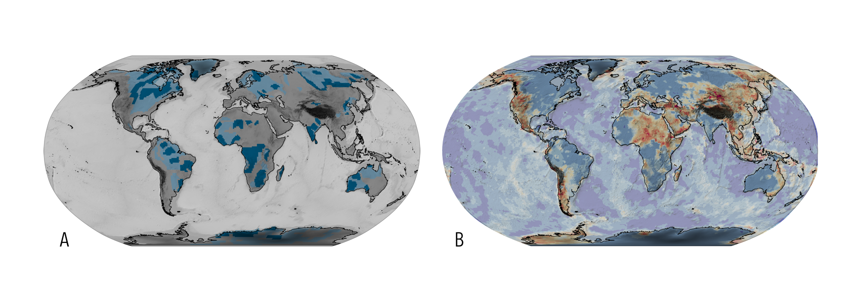 (A) Map of the Archean Cratonic crust (dark blue) identified from the Crust 1.0 and paleoproterozoic crust in pale blue. (B) A map of the relative thickness of crust to lithosphere (also from Crust 1.0) which tends to pick stable zones in blue shades from deforming zones in red.
