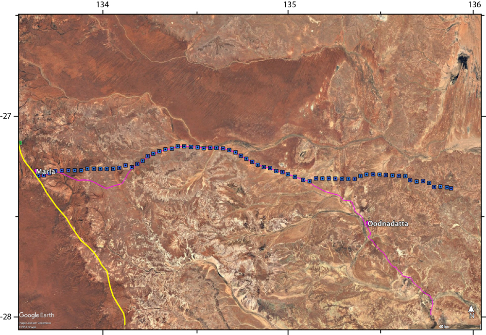 Map showing the locations of the seismic array. The Stuart Highway is shown in yellow, the Oodnadatta track is shown in magenta and the seismic stations are shown as blue squares.