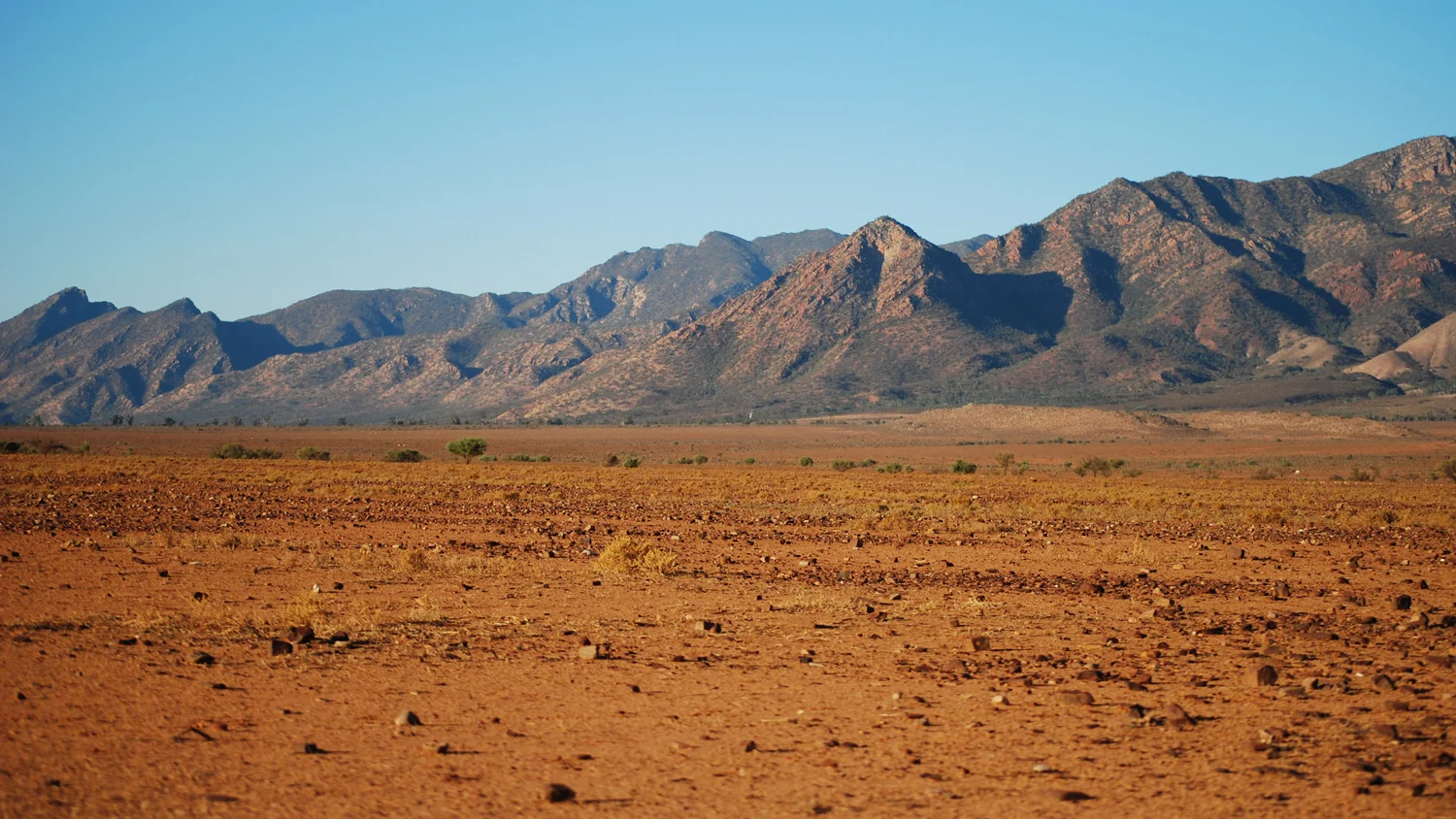 The Australian continent is largely covered by transported sediments (foreground) that have been eroded over millions of years from elevated rock sequences nearby (background), as shown here in the Flinders Ranges, South Australia example. Geologists must search below these cover rock sequences for mineral deposits using expensive drilling and geophysical techniques that are available today. Image: Peripitus .
