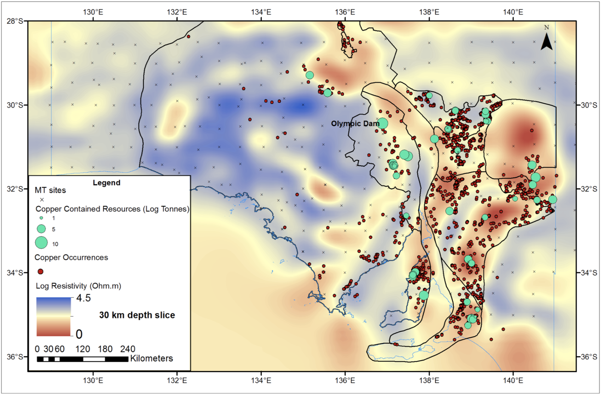 A telling map: South Australia’s known copper occurrences (red and cyan dots) layered over the electrical resistivity map of the state. Spatial coexistence of the two shows that the minerals we are looking for near the surface can be traced deep into the crust and beyond. Image: Dr Stephan Thiel .