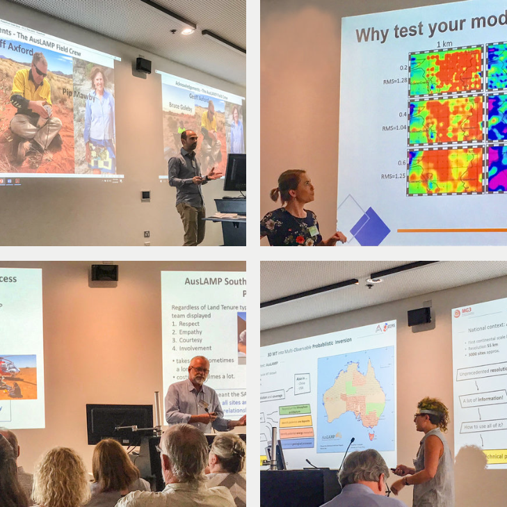 Government, academia and industry coming together at the AusLAMP Workshop in February 2019. Pictured (clockwise from top left): presenters Dr. Stephan Thiel, Dr. Kate Robertson, Dr. Bruce Goleby, and Macquarie University PHD candidate Maria Manassero. Images: Dr Kate Robertson and Dr Kate Selway .