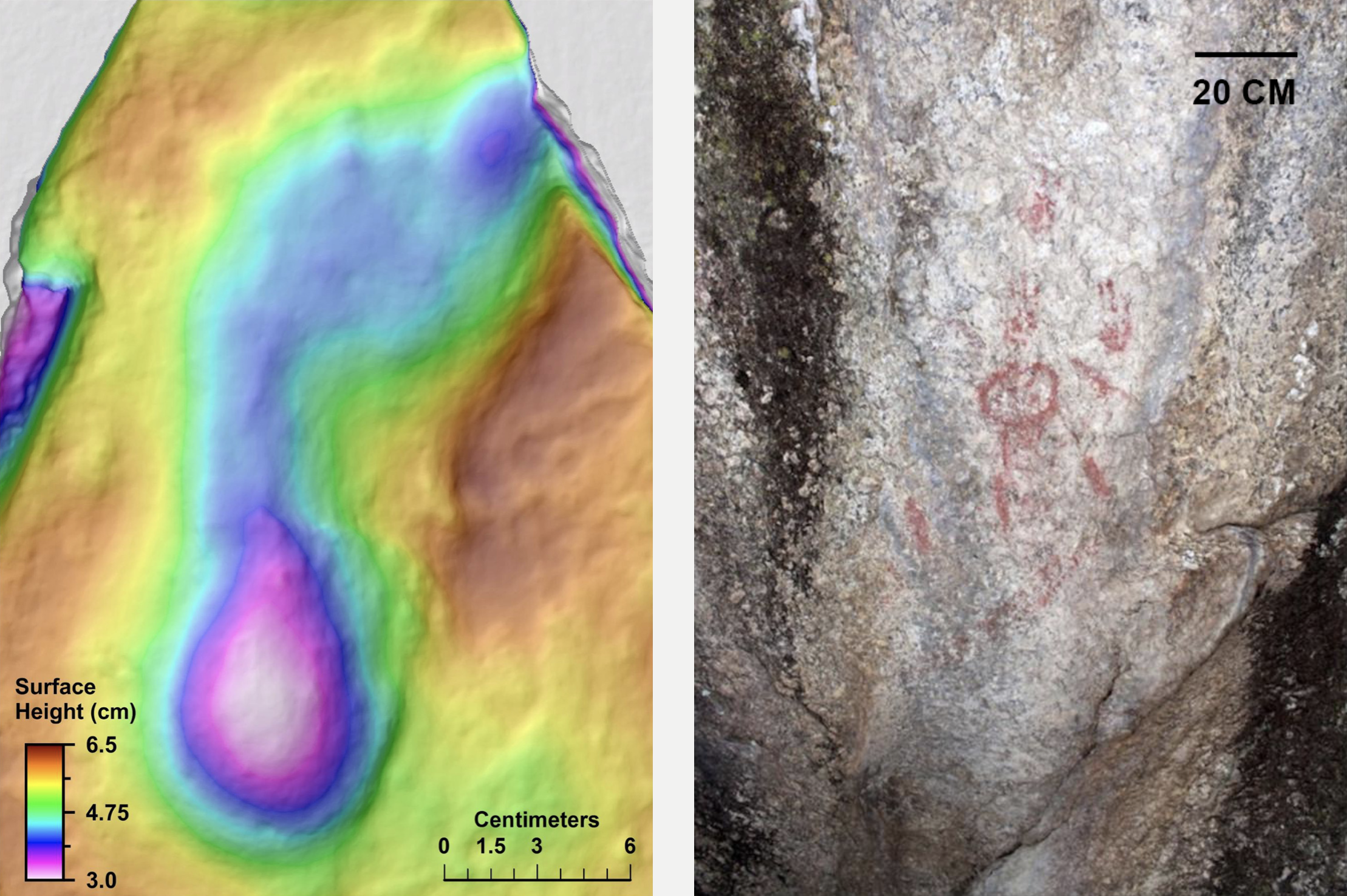 Left: A ‘Kula footprint’ discovered by construction workers in well-preserved in fine-grained volcanic ash in the 1960s. The footprints belonged to homo sapiens who stepped into a wet ash layer. As the volcanic eruption continued, their footprints were buried and preserved by a protective ash layer. Right: A red ochre painting in a rock-shelter located near the Çakallar volcano. Images: Ulosoy et al. 2019 .