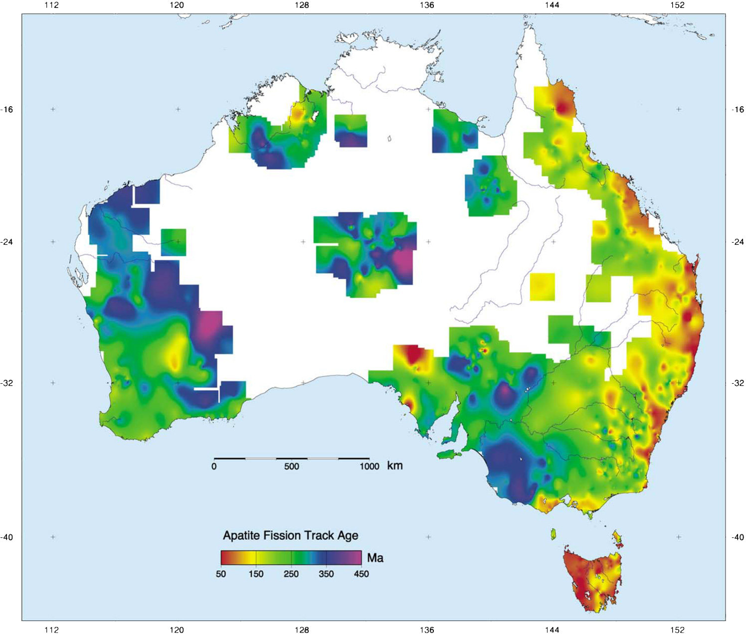 Example output of the AGN showing apatite fission track ages across the Australian continent. Maps like these provide a record of thermal events which can drive economically significant fluids through basin sediments and along crustal structures. Image: Gleadow et al.
