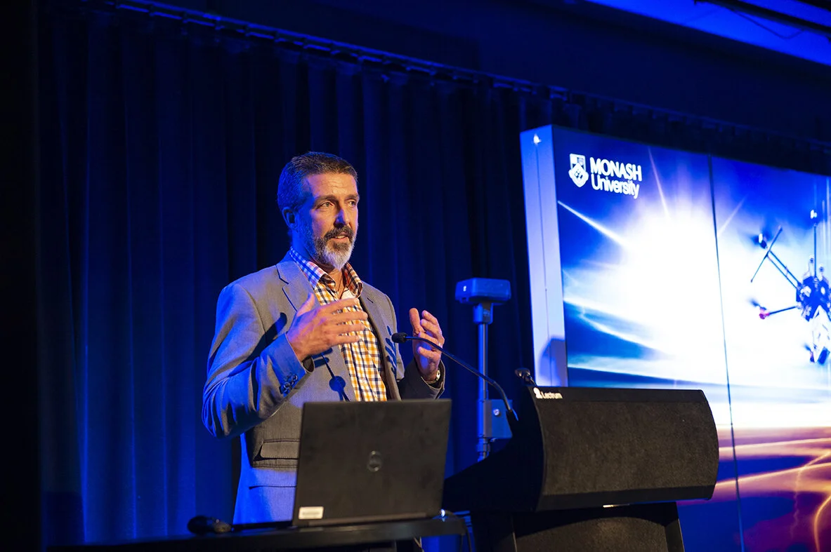AuScope director, Dr Tim Rawling explains the opportunities for geoscience researchers to utilise drone technology. Image:  Monash University