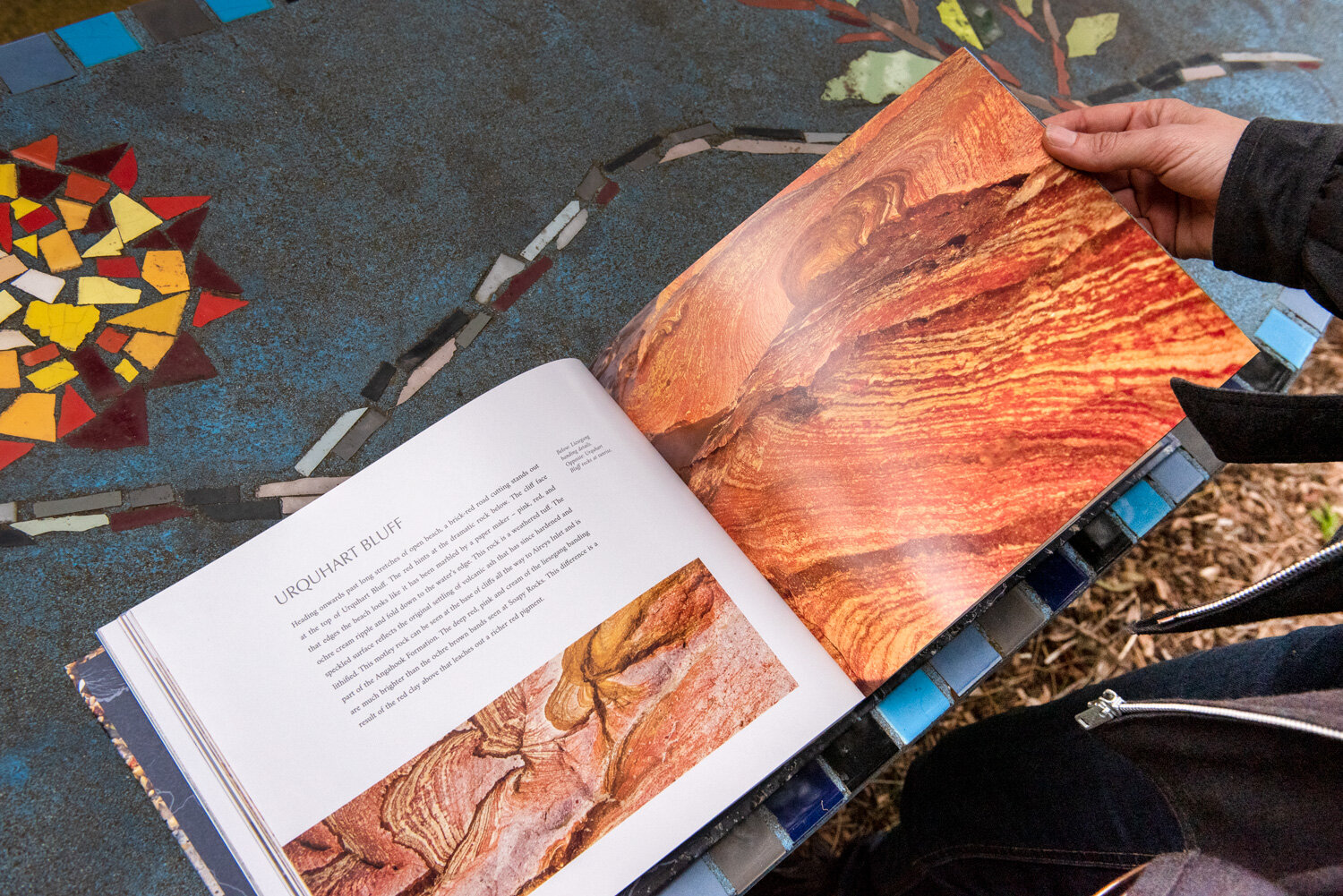 Image: AuScope. One of Min’s favourite spreads featuring liesegang banding details (left) and Urquart Bluff rocks at sunrise (right). Image: AuScope