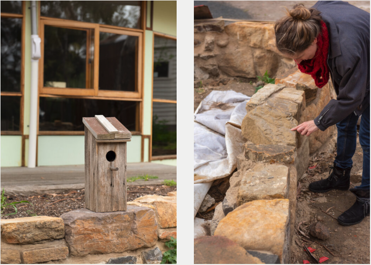Beauty in the details: a birdhouse (left) and shiny mica minerals in a sandstone block (right) at  CERES Meditation Garden , an organically growing community project that was designed by Min. Images: AuScope