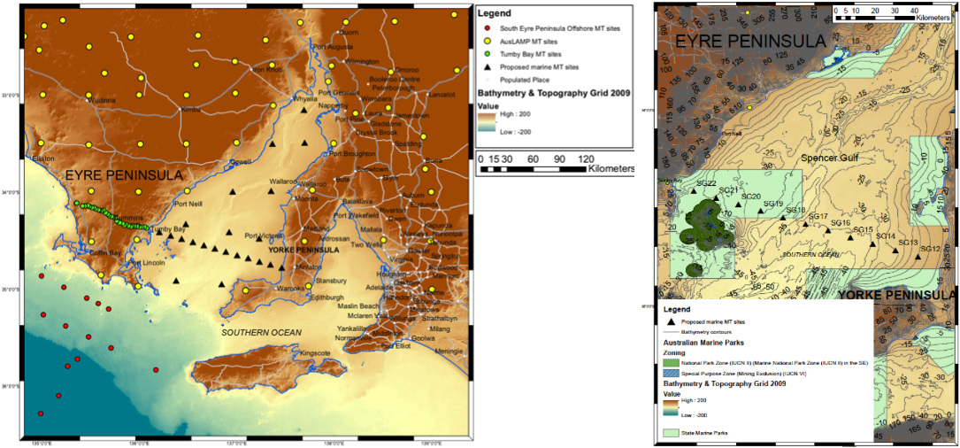 Bathymetric maps showing marine MT imaging sites (black triangles) in the Spencer Gulf. Images:  Kate Robertson