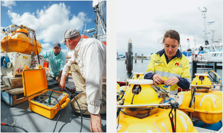 Left, Jake Perez and Goran Boren start the data loggers, and right, Kate Robertson makes final adjustments to the marine MT instruments onboard the Vessel Salt Water. Images:  Robert Lang Photography