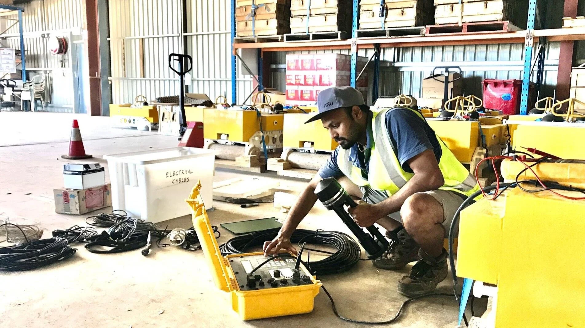 Rajesh Erigela testing the Ocean Bottom Seismometer (OBS) systems. Image: Rajesh Erigela