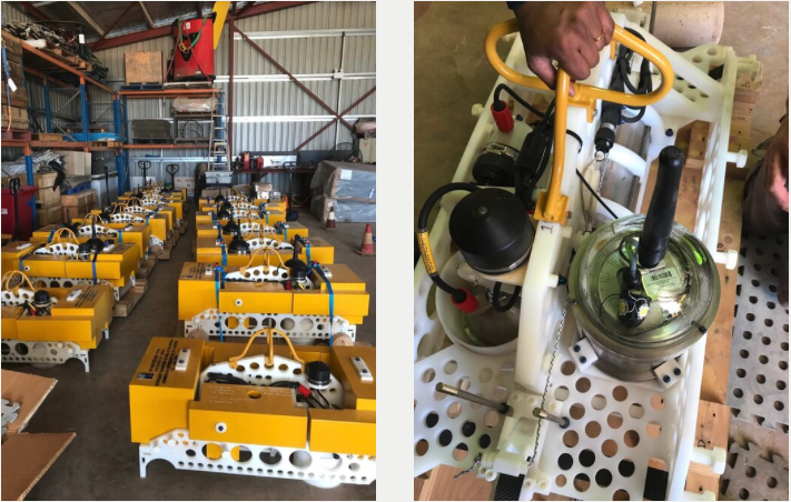 The OBS fleet (left) and new lift rings being fitted to the OBS fleet (right). Images: Rajesh Erigela