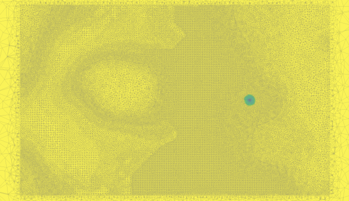 Plan showing a small plume of injected carbon dioxide (green-blue dot) at a depth of 1.4km underground. Dr Andrea Codd’s objective has been to find the plume using eScript simulations, since it is impossible for humans to see where the plume is injected, and how it infills porous rock from Earth’s surface. Image:  Dr Andrea Codd