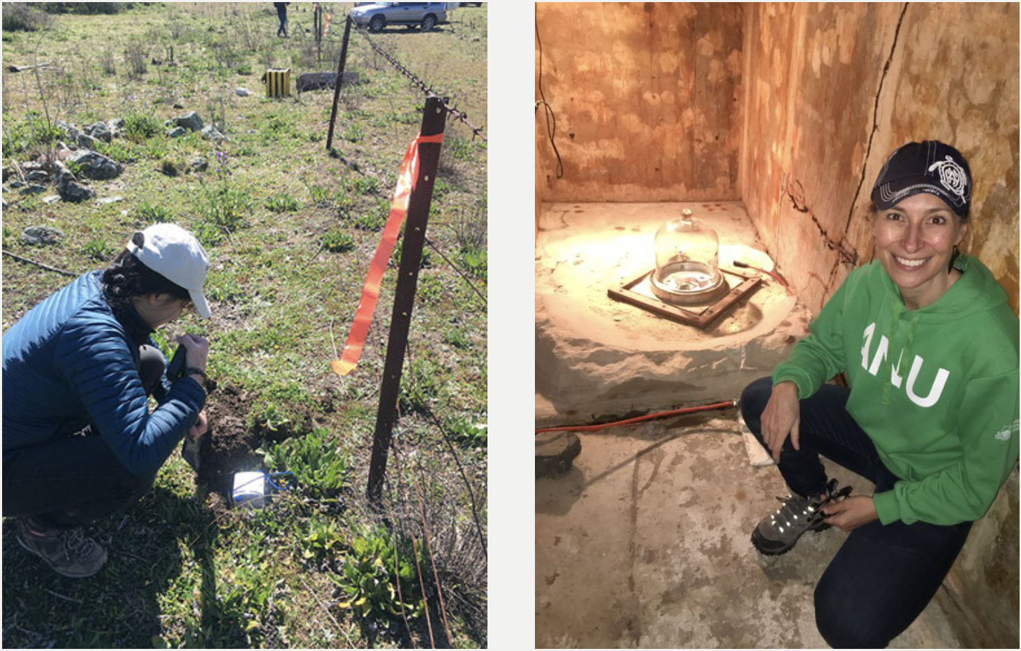 Dr Voon Hui Lai installs a node (left), while As/Prof Meghan Miller checking out the long-running, permanent broadband seismometer inside the Canberra Seismic Station vault, both at Mt Stromlo. Images: supplied