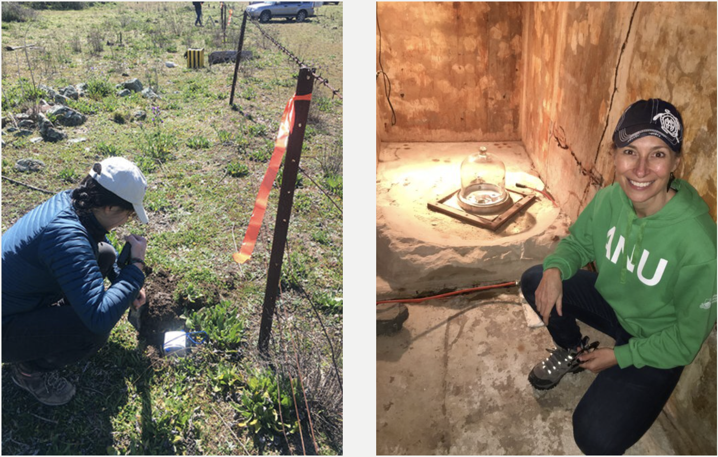 Dr Voon Hui Lai installs a node (left), while As/Prof Meghan Miller checking out the long-running, permanent broadband seismometer inside the  Canberra Seismic Station  vault, both at Mt Stromlo. Images: supplied