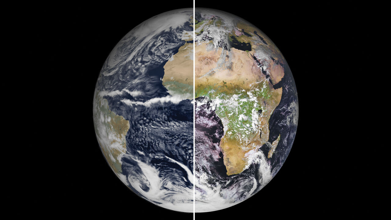 Europe is building a ‘digital twin’ of Earth to revolutionize climate forecasts. At 1-kilometer resolution, a European climate model (left) is nearly indistinguishable from reality (right). Images:  ECMWF and EUMETSAT